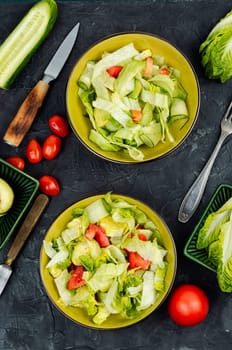Green vegan salad made from a mixture of green leaves and vegetables. Space for text.