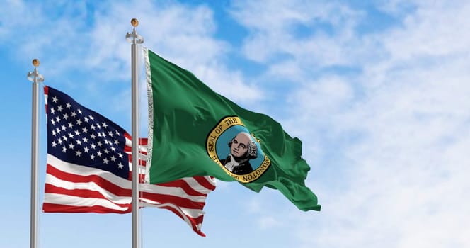 Washington state flags waving with the american flag. Dark green field with a seal showing the picture of George Washington in the middle. 3d illustration render. Rippling fabric. Selective focus