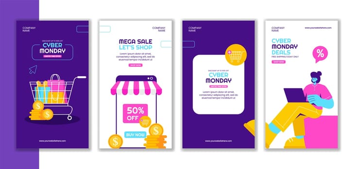 Cyber Monday Sales Event Flat Cartoon Style Social Media Stories Background