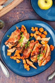 Delicious meatloaves stuffed with apples and sweet potatoes. German cuisine.
