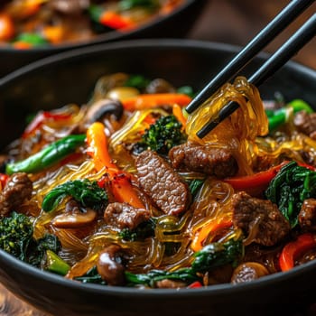 Glass noodles with vegetables and beef. AI generative.