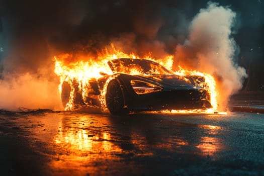 electric car engulfed in flames. AI generative.