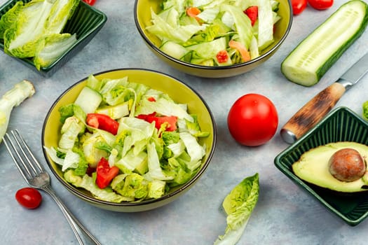 Green vegan salad made from a mixture of green leaves and vegetables. Space for text.