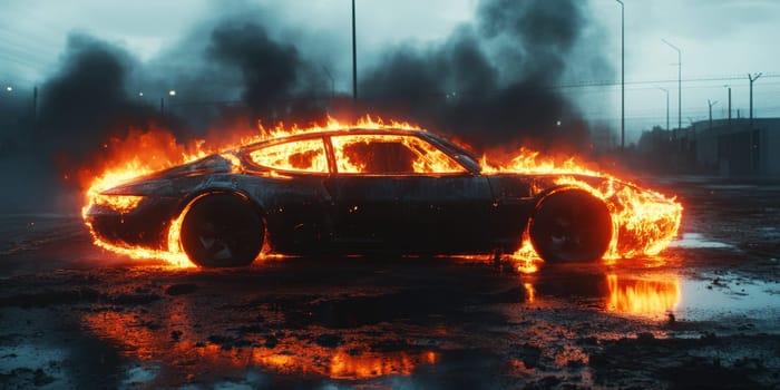 electric car engulfed in flames. AI generative.