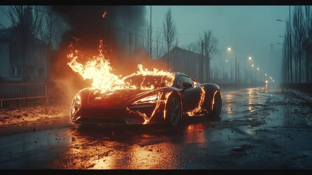 electric car engulfed in flames. AI generative.