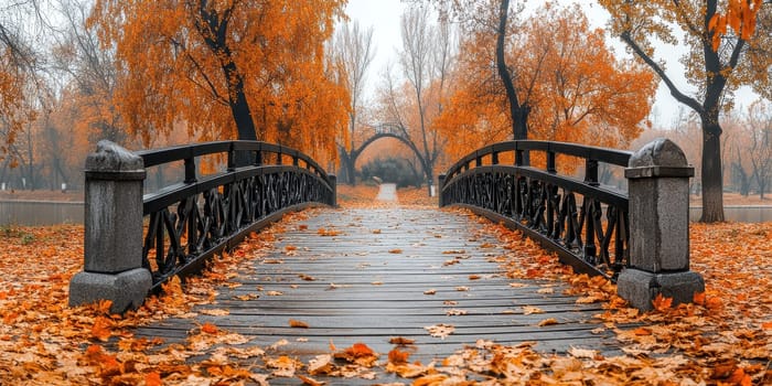 Red wooden bridge, autumn maple leaves. AI generative.