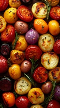 a rustic baking sheet filled with freshly roasted vegetables, including colorful peppers, onions, potatoes, zucchini and whole garlic cloves. Ai generative.