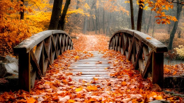 Red wooden bridge, autumn maple leaves. AI generative.
