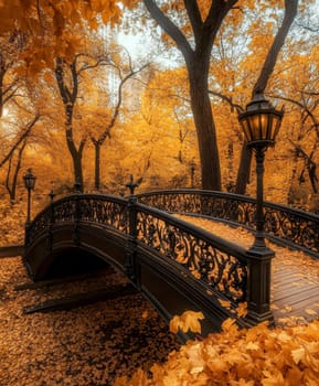 Red wooden bridge, autumn maple leaves. AI generative.