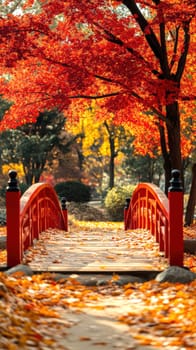 Red wooden bridge, autumn maple leaves. AI generative.