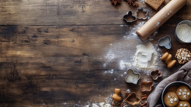 Baking ingredients and utensils including flour, cookie cutters, and rolling pin arranged on wooden background with copy space.