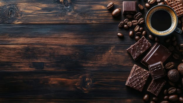 Coffee cup, chocolate pieces, and coffee beans arranged on dark wooden background, creating a rich and indulgent atmosphere with copy space.