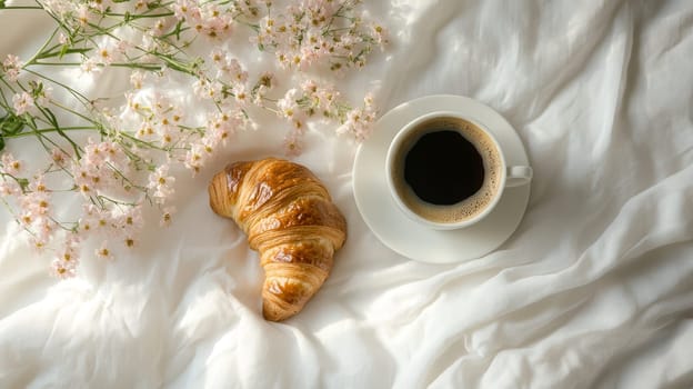Fresh croissant, coffee cup, and delicate flowers on white bedding, creating a serene and luxurious breakfast scene.