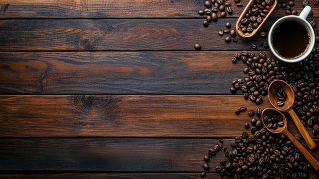 Freshly brewed coffee in white cup with scattered coffee beans and wooden scoop on dark wooden background, copy space available.