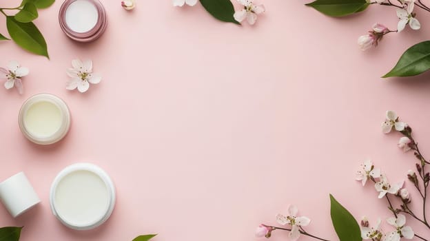 Cosmetic jars with cherry blossom flowers and green leaves arranged on pink background with copy space for skincare concept.