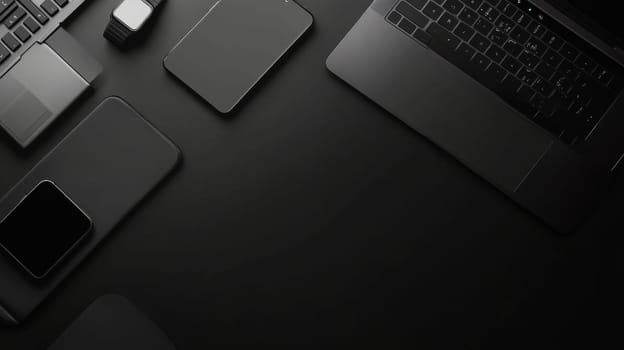 Sleek black electronic devices including laptop, tablet, and smartphone arranged on dark surface with ample copy space.
