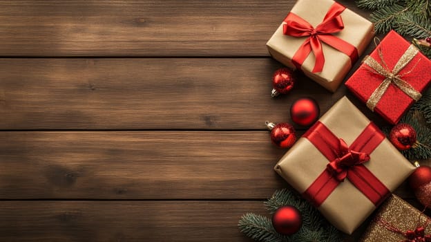 Festive Christmas gifts wrapped in red and gold, adorned with ribbons and baubles, arranged on rustic wooden planks with pine branches and copy space.