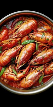 crawfish in a hot pot, full of red sauce . AI generative.