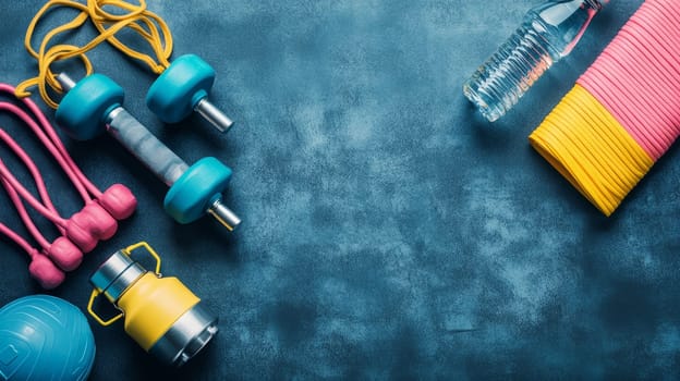 Vibrant workout accessories including dumbbells, jump rope, and water bottle arranged on blue surface, promoting active and healthy lifestyle.