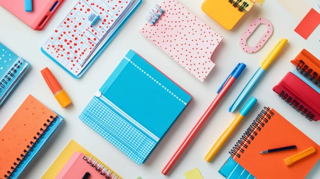 Vibrant arrangement of school supplies including notebooks, pens, and stationery items on white background, perfect for back to school concept.