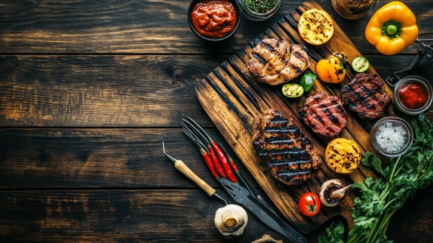 Assortment of grilled meats and vegetables on a wooden board with various sauces, offering a delicious barbecue spread with copy space.