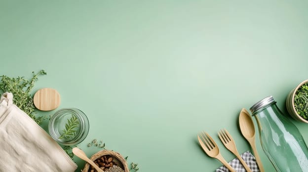 Sustainable kitchen utensils and herbs arranged on mint green background, promoting zero waste lifestyle and environmental consciousness.