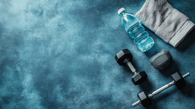 Dumbbells, water bottle, and towel arranged on blue textured surface with ample copy space, promoting workout and healthy lifestyle.