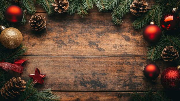 Festive Christmas ornaments, pine branches, and pinecones framing rustic wooden planks, creating perfect holiday backdrop with copy space.