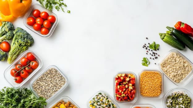 Fresh vegetables, grains, and legumes in containers arranged on white surface with copy space, showcasing meal planning and nutrition concept.