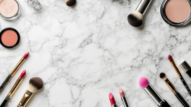 Various makeup items and brushes arranged on white marble surface, showcasing beauty products with ample copy space.