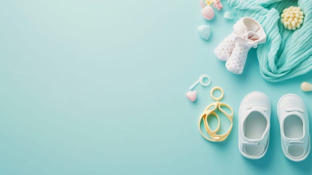 Newborn accessories including clothes, toys, and care items arranged on light blue surface, perfect for baby shower concept.