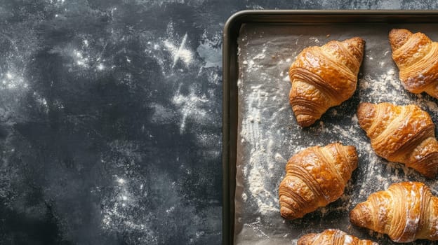 Golden brown croissants on a baking tray with flour dusting, set against a dark moody background with copy space for text.