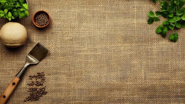 Fresh herbs, wooden spoon, and bowl of spices arranged on natural burlap background with copy space for culinary and cooking concept.