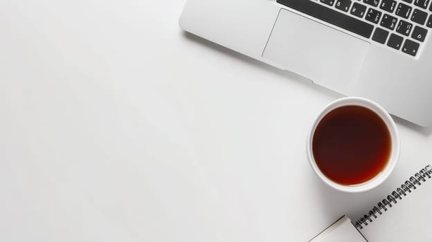 Laptop and cup of coffee on white desk with notebook, showcasing clean and simple work setup with ample copy space.