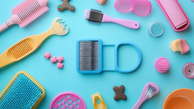 Various pet grooming tools and accessories in pastel colors arranged on a blue background, perfect for pet care and grooming concept.