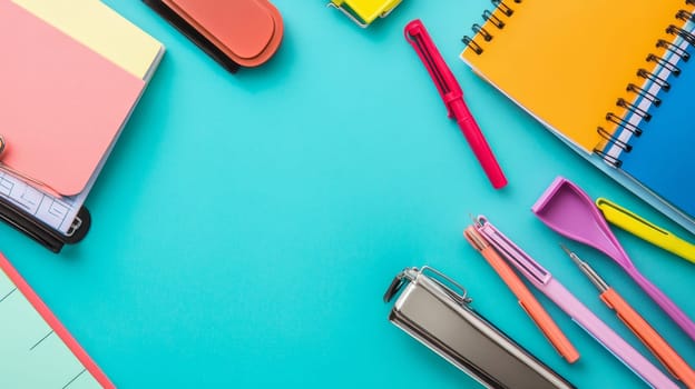 Various stationery items arranged on bright turquoise surface, perfect for back to school or education concept with copy space.