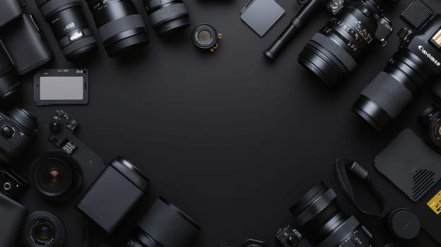 Various camera lenses and accessories arranged on black surface, showcasing professional photography gear with copy space.