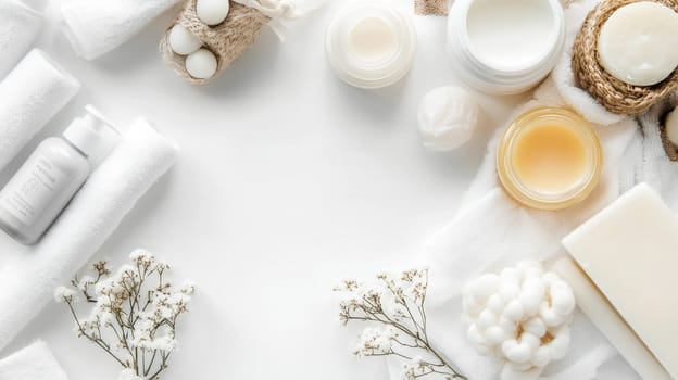 Minimalist flatlay of white skincare products, cotton pads, and delicate flowers on a light background with ample copy space.