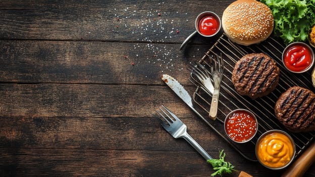 Grilled beef patties, buns, and condiments arranged on dark wooden background with copy space for barbecue concept.