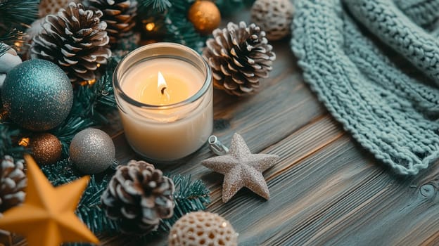 Lit candle in glass jar surrounded by pine cones, ornaments, and knitted fabric, creating warm and festive holiday atmosphere.