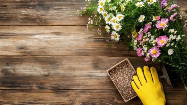 Colorful spring wildflowers with daisies and purple blooms arranged on rustic wooden planks, with gardening gloves and fertilizer, copy space available.