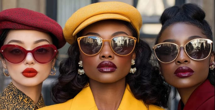 Women photographed on the street, all 70s style. AI generative
