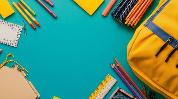 Vibrant school supplies including pencils, rulers, and backpack arranged on turquoise background with copy space, perfect for back to school concept.