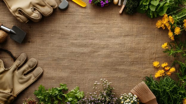 Gardening gloves, tools, and colorful flowers arranged on rustic burlap texture with copy space, perfect for spring gardening concept.