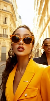 Women photographed on the street, all 70s style. AI generative