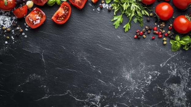 Variety of fresh tomatoes, herbs, and spices arranged on a dark slate background with copy space, perfect for cooking and ingredient concept.