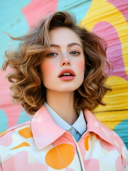An elegant and sophisticated model  wearing a ready-to-wear collection in a vibrant pop art probabilistic color palette.Ai generative.