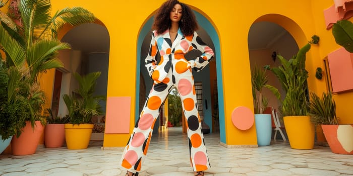 An elegant and sophisticated model  wearing a ready-to-wear collection in a vibrant pop art probabilistic color palette.Ai generative.