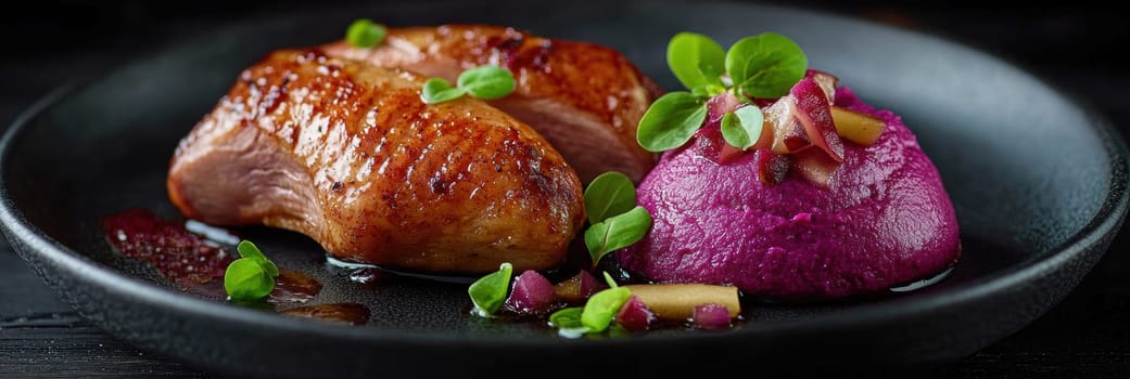 Duck fillet,red cabbage and apple mousse. AI generative.