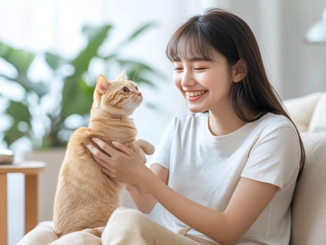 A woman in casual sits on the sofa, holding her cat and smiling at it. Ai generative.
